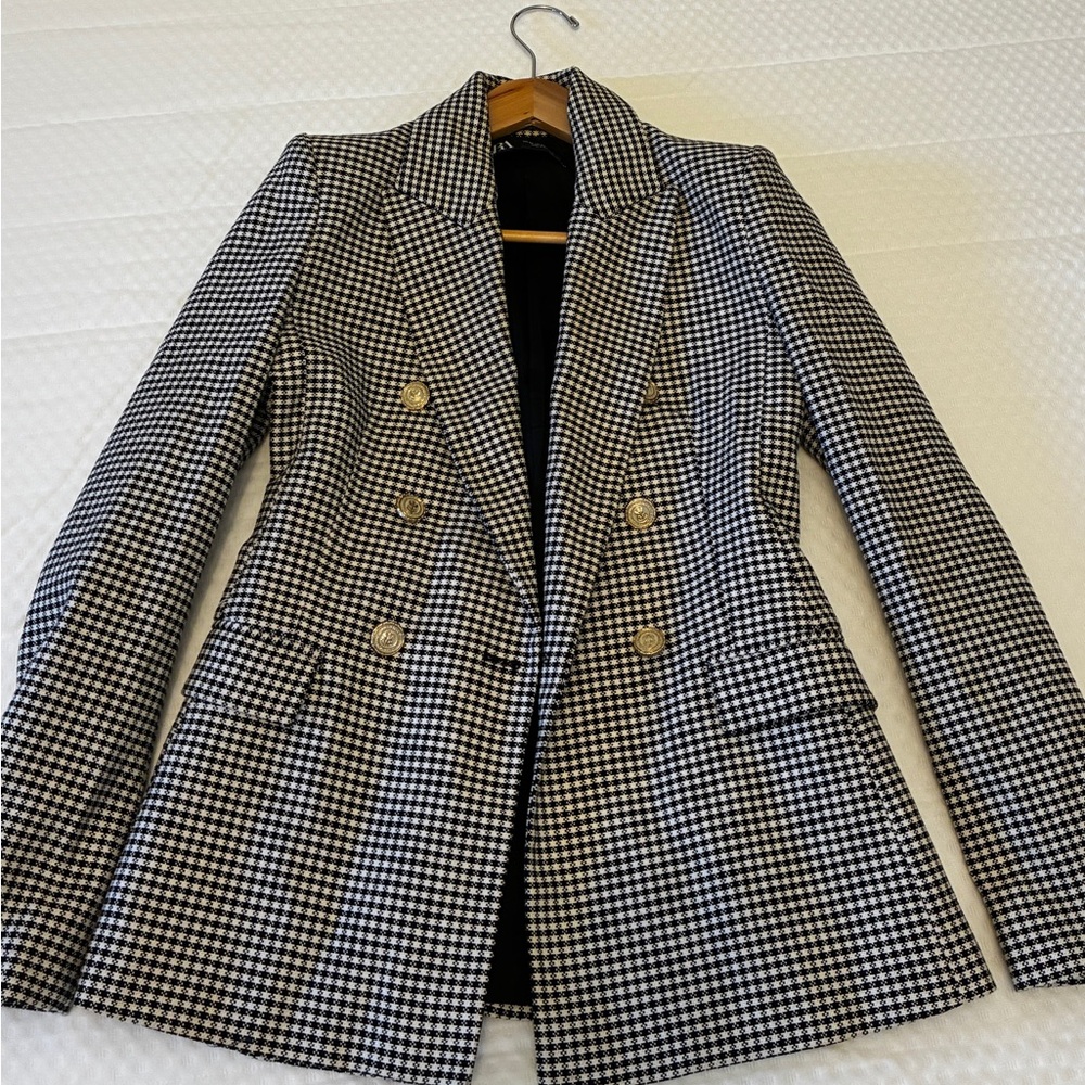 Houndstooth Double-Breasted Women's Blazer - Black & White